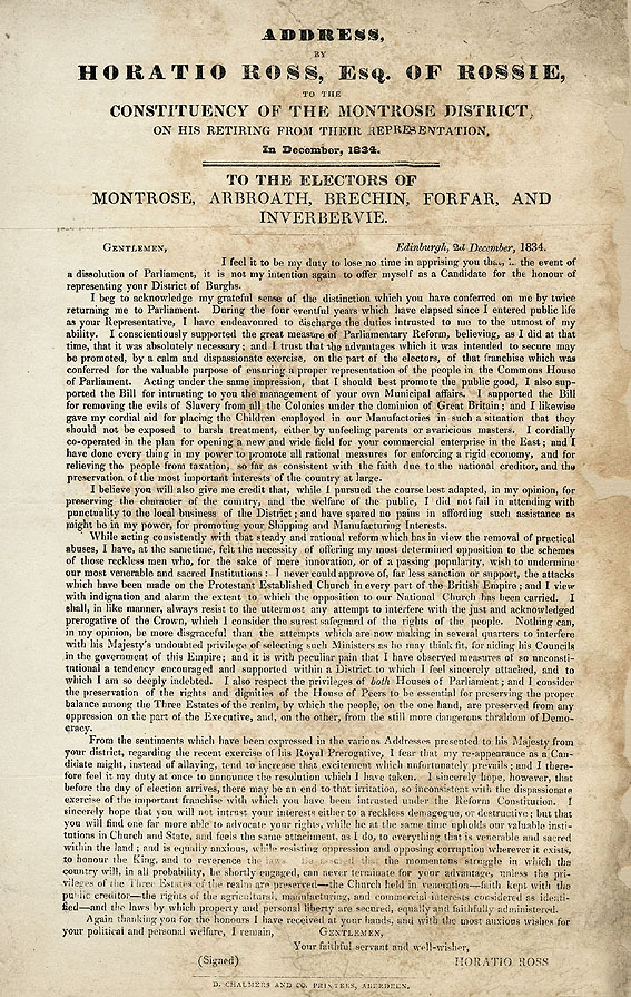 RAD049, Address by Horatio Ross of Rossie to the Constituency of the Montrose District
