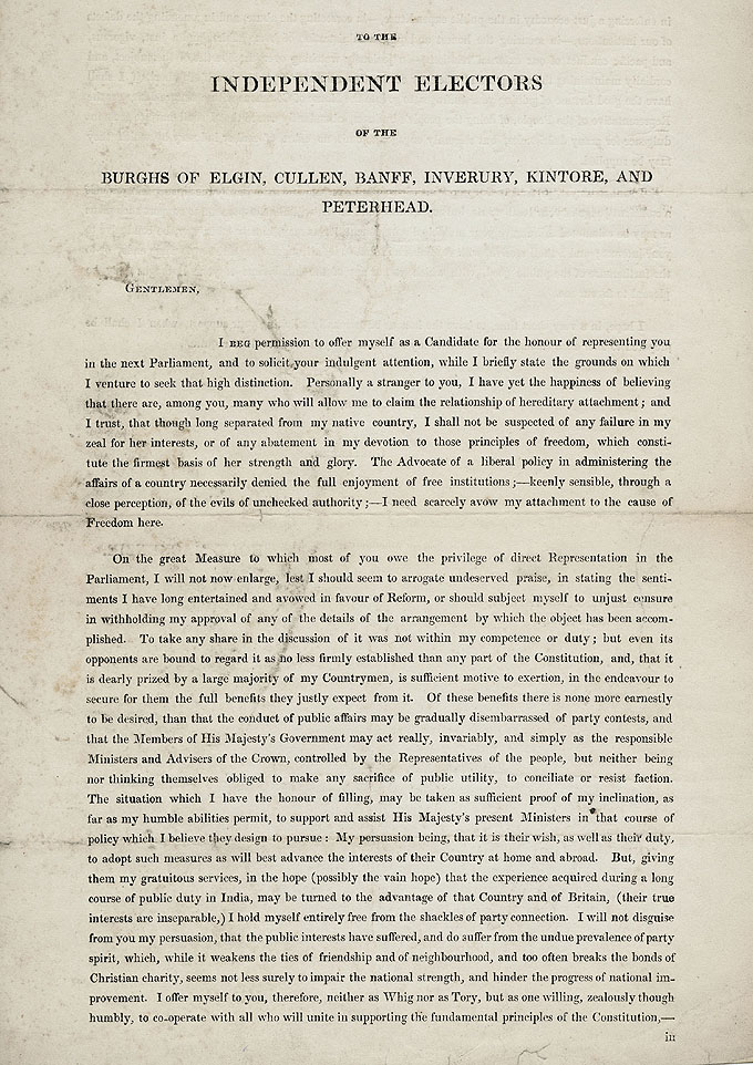RAD051, To the Independent Electors of the Burghs of Elgin, Cullen, Banff, Inverury, Kintore, and Peterhead