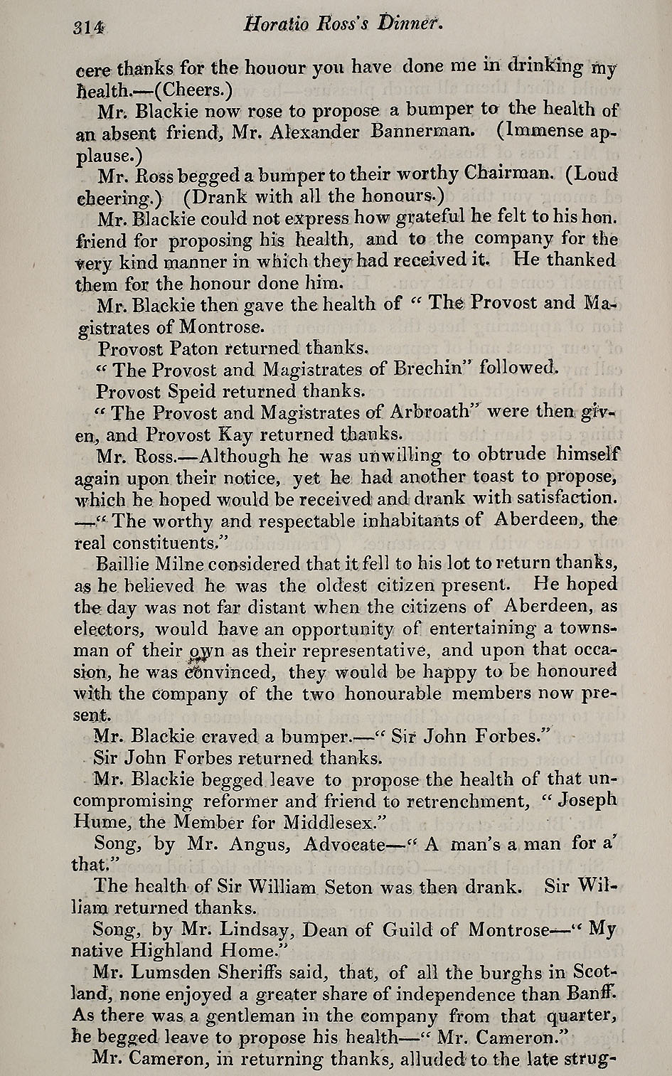 RAD095, The Petition of the Working Classes of Aberdeen and its Vicinity, to the House of Commons; Aberdeen County Election; Sir Michael Bruce's Dinner; Burgh Election; The Dinner