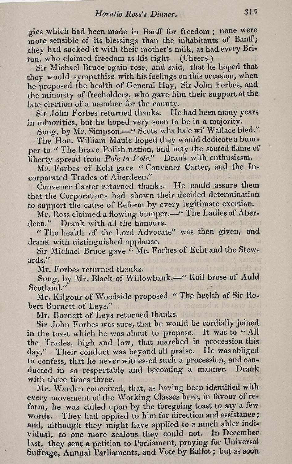RAD095, The Petition of the Working Classes of Aberdeen and its Vicinity, to the House of Commons; Aberdeen County Election; Sir Michael Bruce's Dinner; Burgh Election; The Dinner