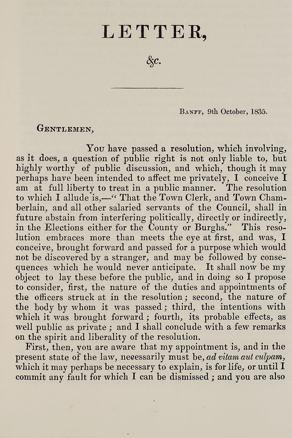 RAD097, Letter from the Town Clerk of Banff to the Provost, Magistrates, and Council of that Burgh