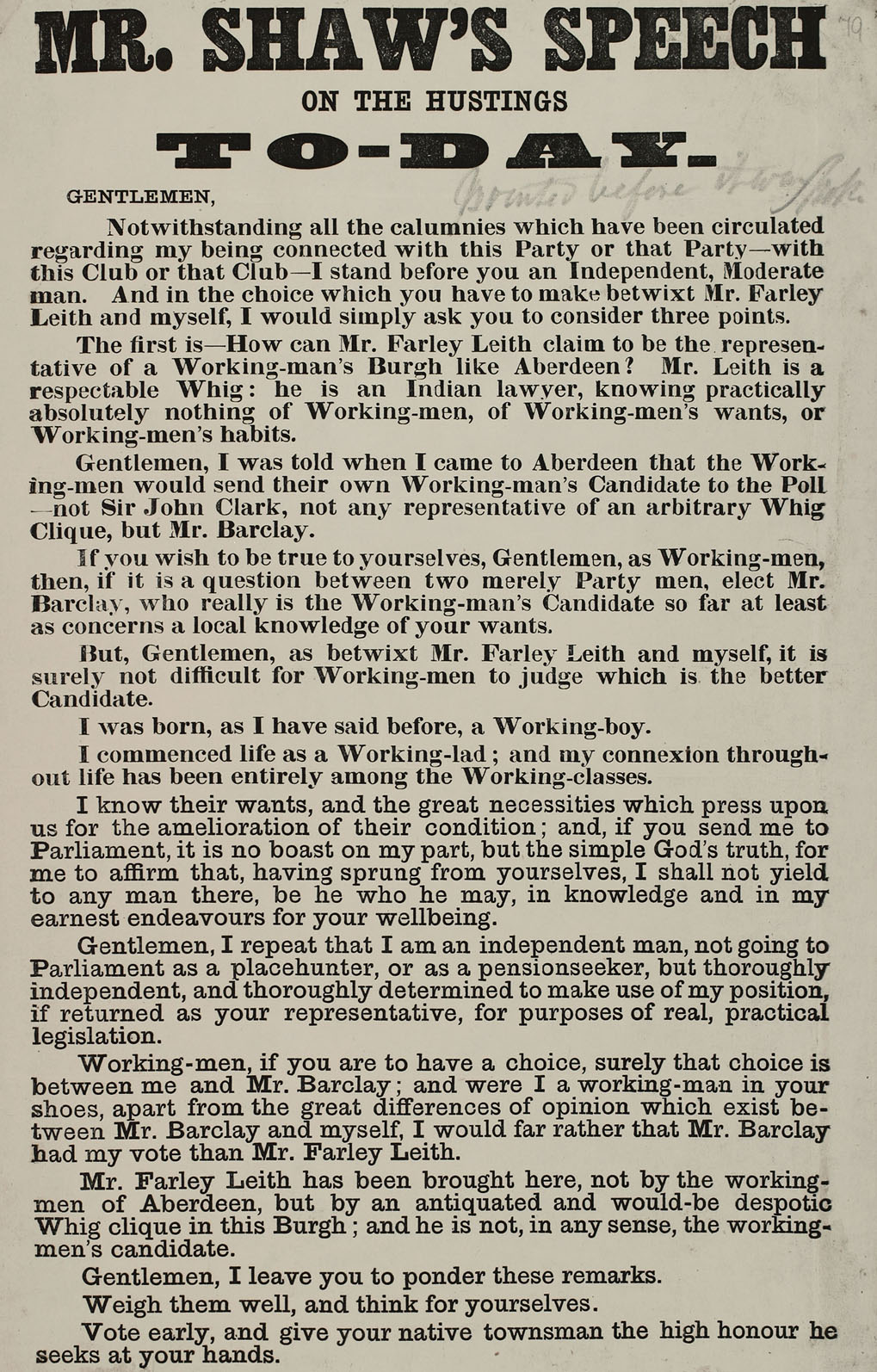 RAD106, Mr Shaw's Speech on the Hustings Today