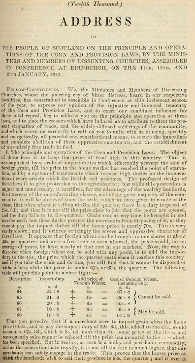RAD124, Excerpt from an Address to the people of Scotland on the principle and operations of the corn and provision laws, by the Ministers and members of dissenting churches, assembled in conference at Edinburgh