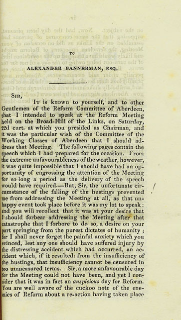 RAD125, The Speech of John Davidson, Writer in Aberdeen, intended to be delivered by him at the Great Reform Meeting held on the Broad-Hill of the Links