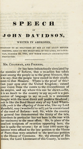 RAD125, The Speech of John Davidson, Writer in Aberdeen, intended to be delivered by him at the Great Reform Meeting held on the Broad-Hill of the Links