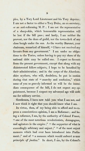 RAD126, Letter to Freeholders, Justices of Peace and Commissioners of Supply for the County of Aberdeen, on the Constitution of their late meeting, their speeches and resolutions. By a Most Notorious Demagogue