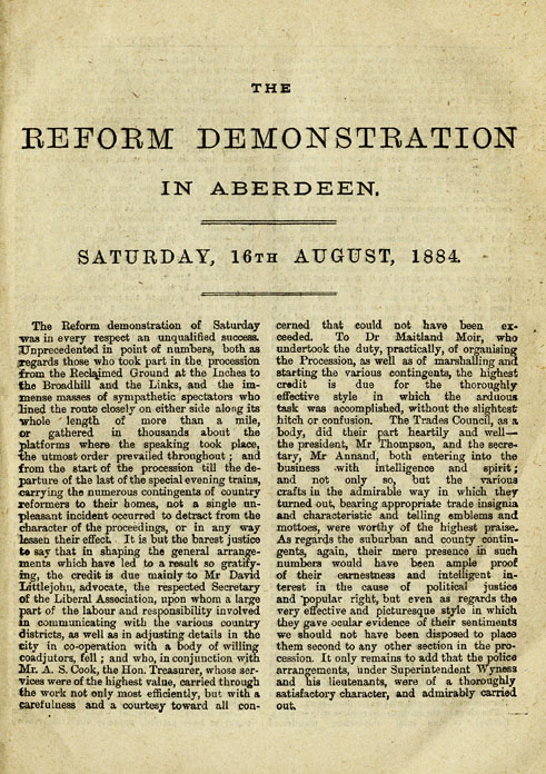 RAD132, The Reform Demonstration in Aberdeen. Description of the Procession and report of speeches at the Great Mass Meeting on the Links