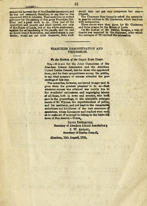 RAD132, The Reform Demonstration in Aberdeen. Description of the Procession and report of speeches at the Great Mass Meeting on the Links