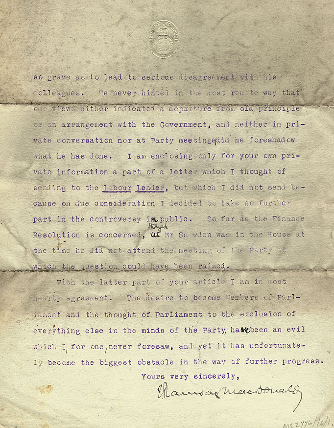 RAD174, Letter from J. Ramsay MacDonald to James Leatham