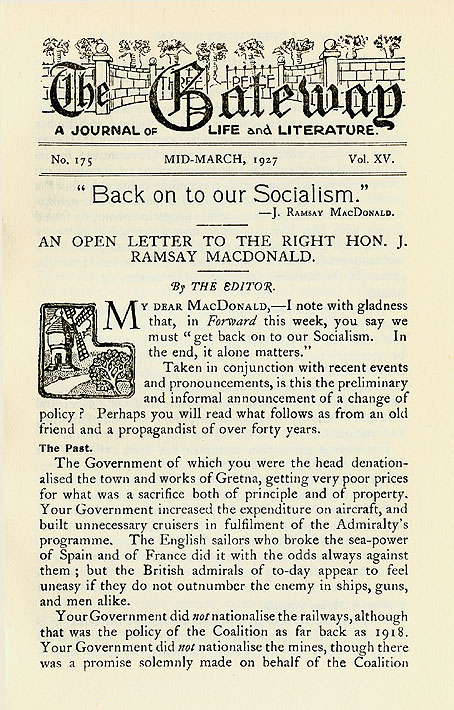 RAD175, 'Back on to our Socialism', An Open Letter to the Right Hon. J. Ramsay MacDonald; letter in reply from J. Ramsay MacDonald to James Leatham