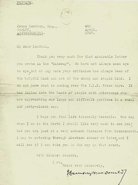 RAD175, 'Back on to our Socialism', An Open Letter to the Right Hon. J. Ramsay MacDonald; letter in reply from J. Ramsay MacDonald to James Leatham