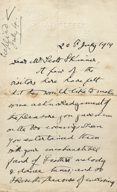 Letter from George F Shee to Scott Skinner