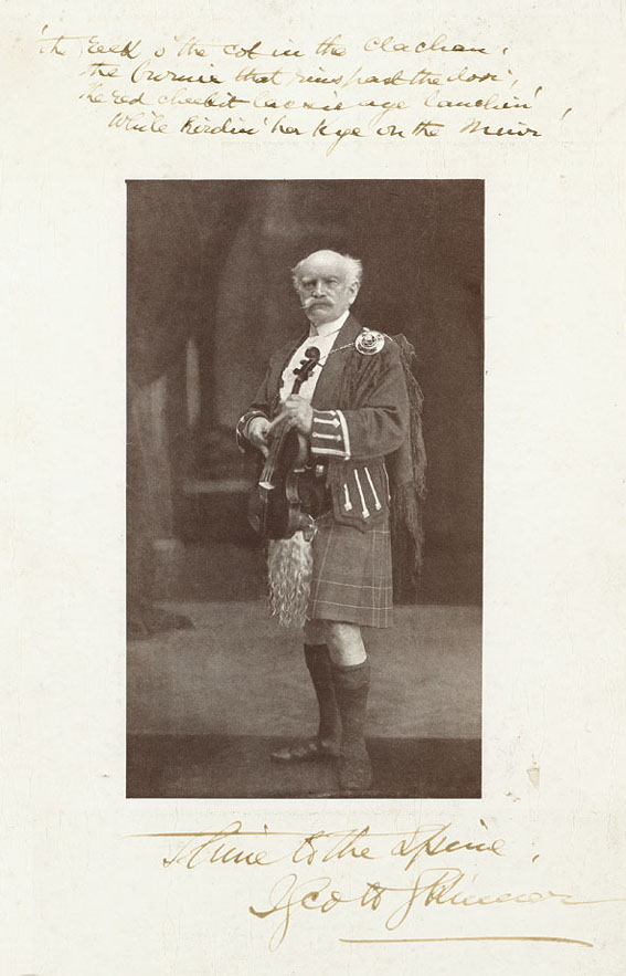 Publicity image of James Scott Skinner in full Highland Dress, holding fiddle