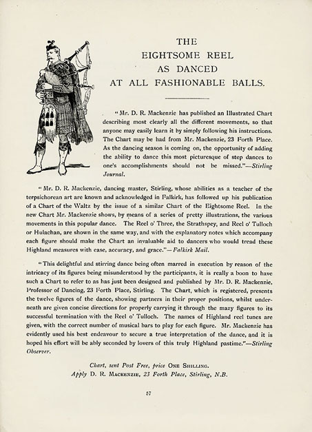 Advert for D R Mackenzie's The Eightsome Reel as danced at all Fashionable Balls