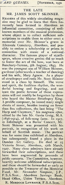 Scott Skinner Memorial, request for donations