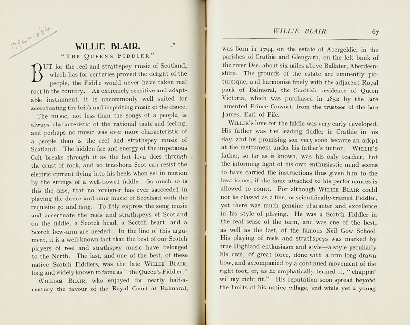 Willie Blair. 'The Queen's Fiddler', p 1 of 3