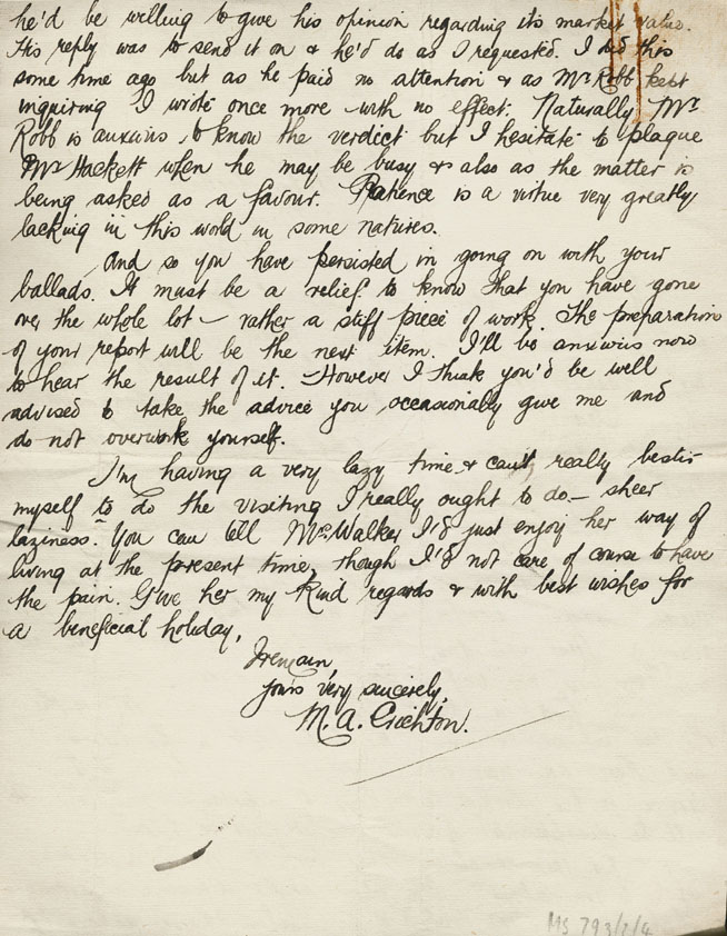 Page 4 of 4, Letter from M A Crichton to William Walker