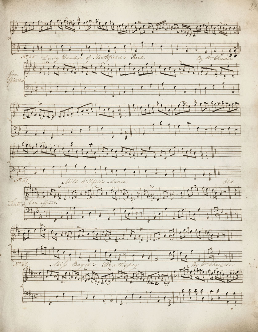 Page 2 of 3, including Lady Dunbar of Northfield's Strathspey, Lady Dunbar of Northfield's Reel, Mill o' Tifty's Annie, and Miss Boyd's Strathspey