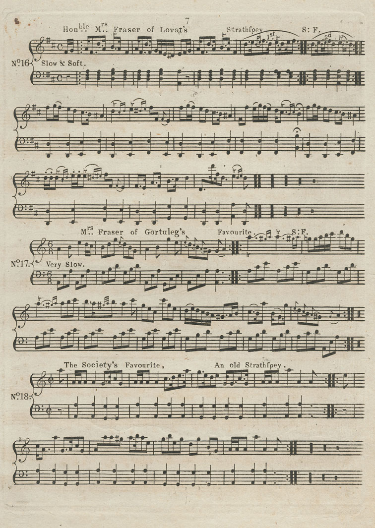 Honble Mrs Faser of Lovat's Strathspey, Mrs Fraser of Gortuleg's Favourite, and The Society's Favourite