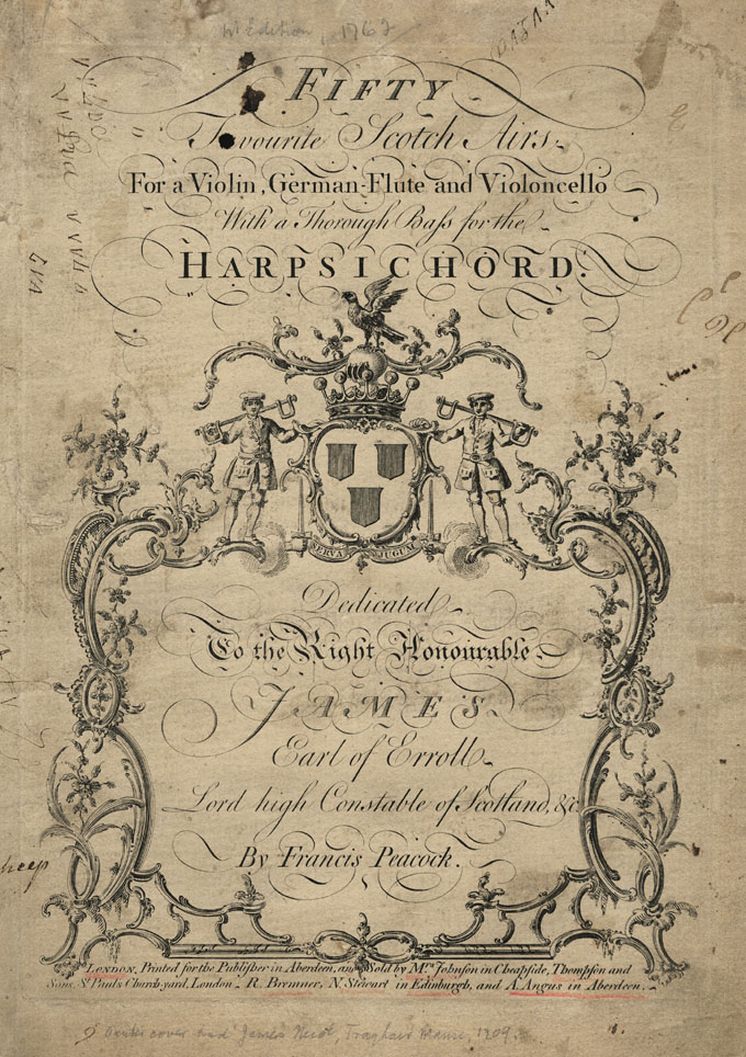 Title page, Fifty Favourite Scotch Airs for a Violin, German Flute and Violoncello, with a Thorough Bass for the Harpsichord