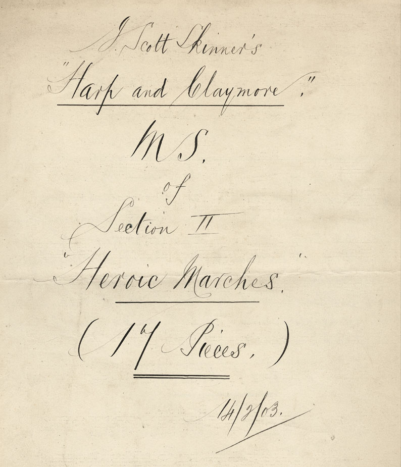 Page 1 of 2, ms title page for  Heroic Marches, Harp & Claymore