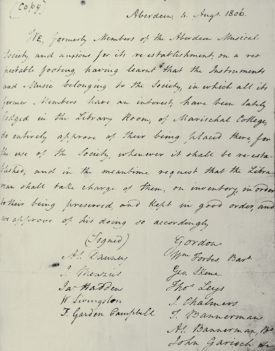 Letter re the instruments belonging to the Aberdeen Musical Society