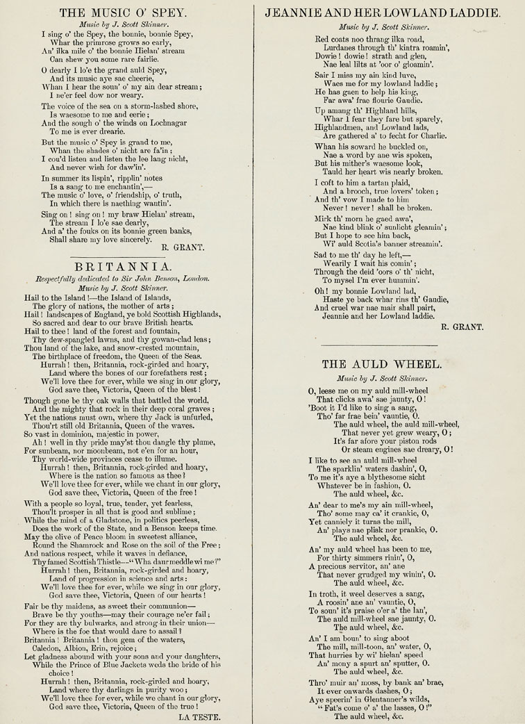 Page 1 of 2, Lyrics, The Music o' Spey. Britannia, Jeannie and her Lowland Laddie, The Auld Wheel