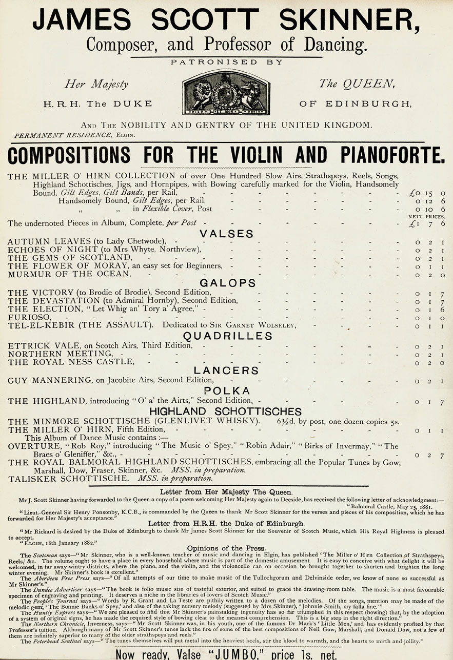 Advert for James Scott Skinner's Compositions, 1880s