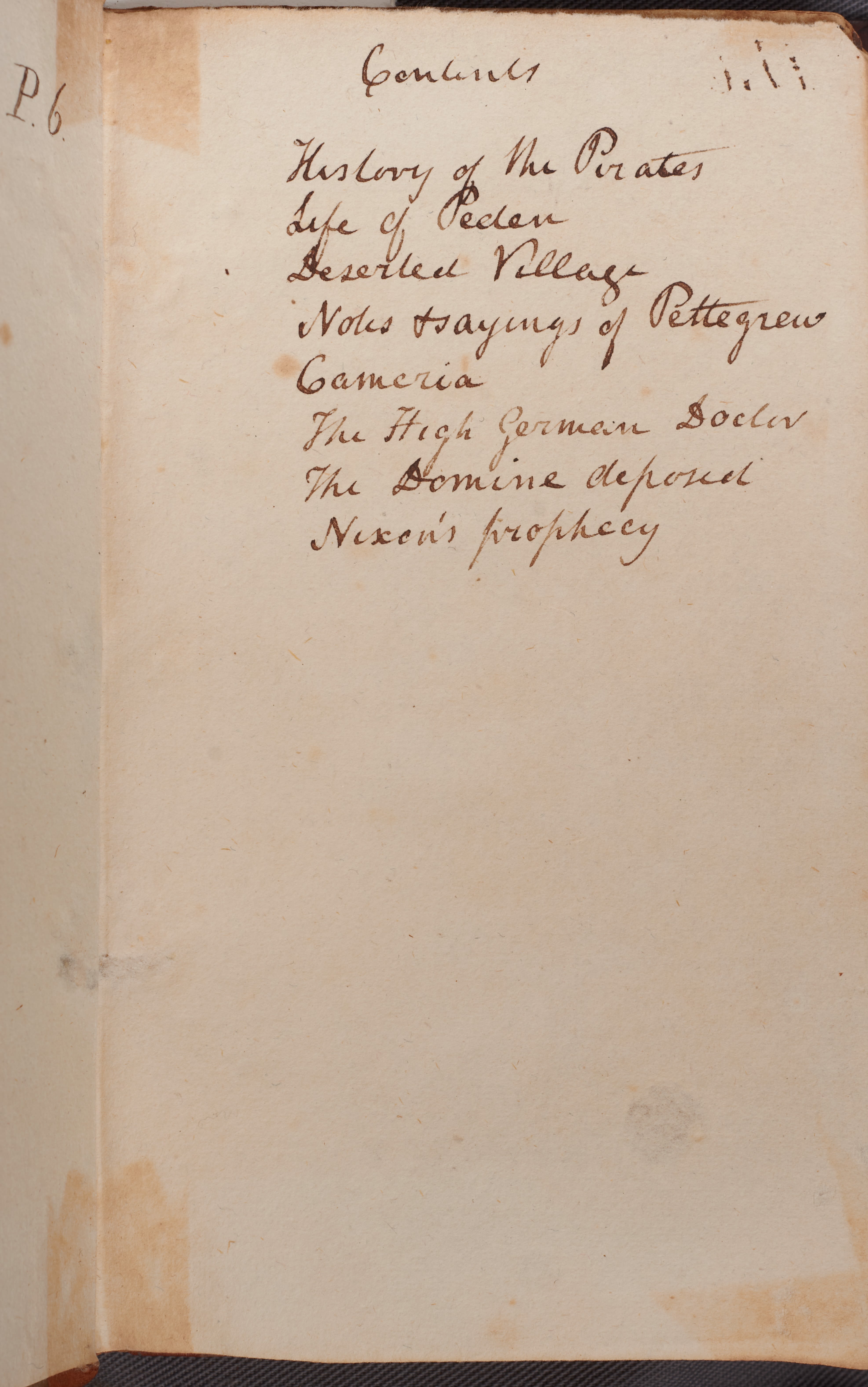 A handwritten contents page.