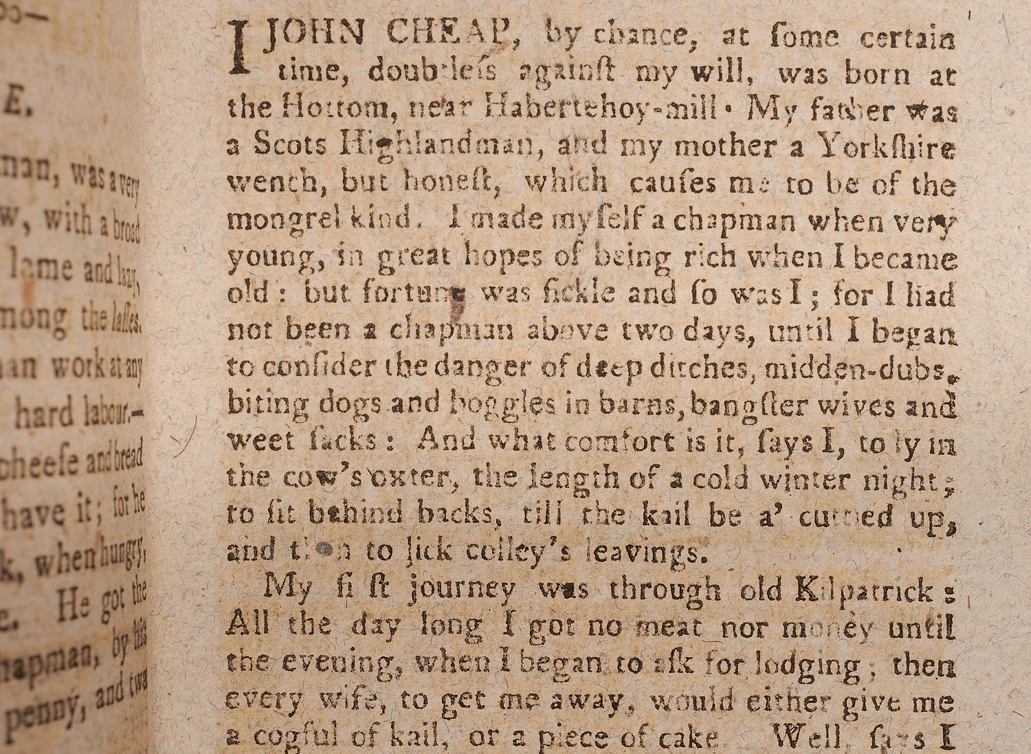 A page from a chapbook, recounting the background of John Cheap, the chapman.