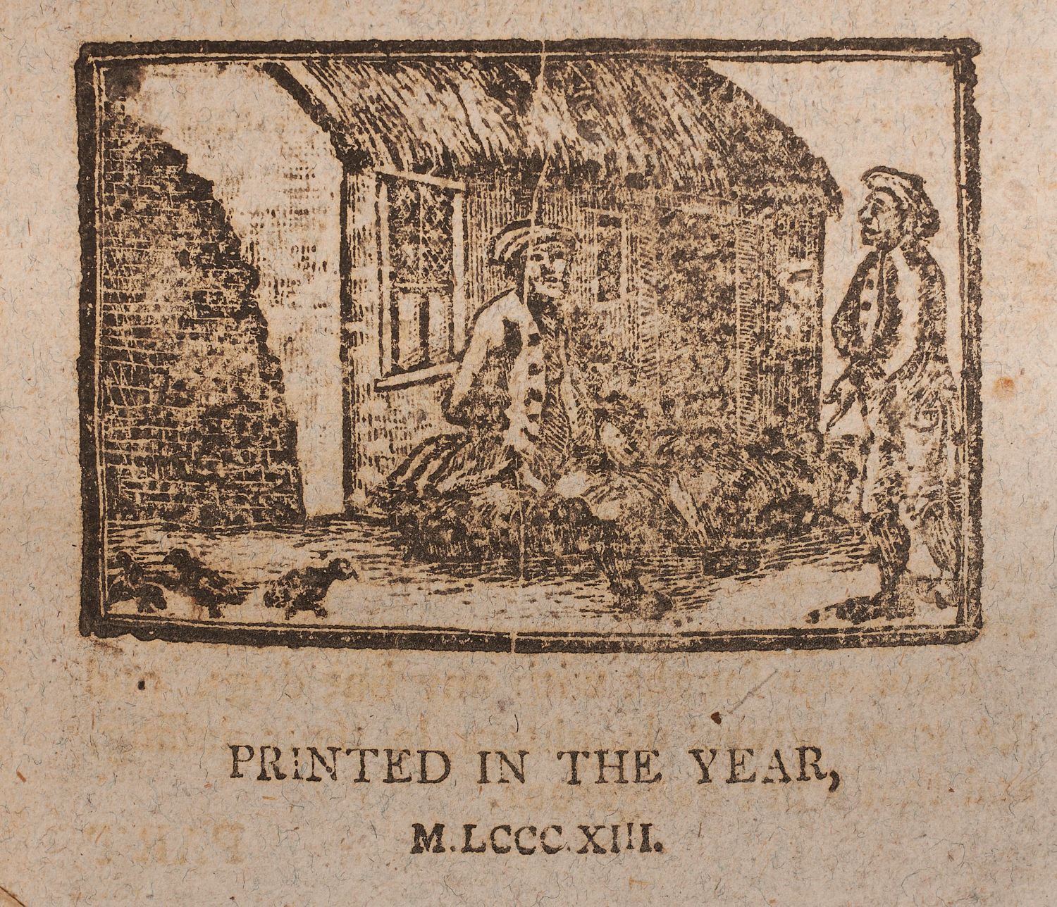 The illustration from the title page of The History of John Cheap the Chapman. Two men talk outside a small, thatched building.