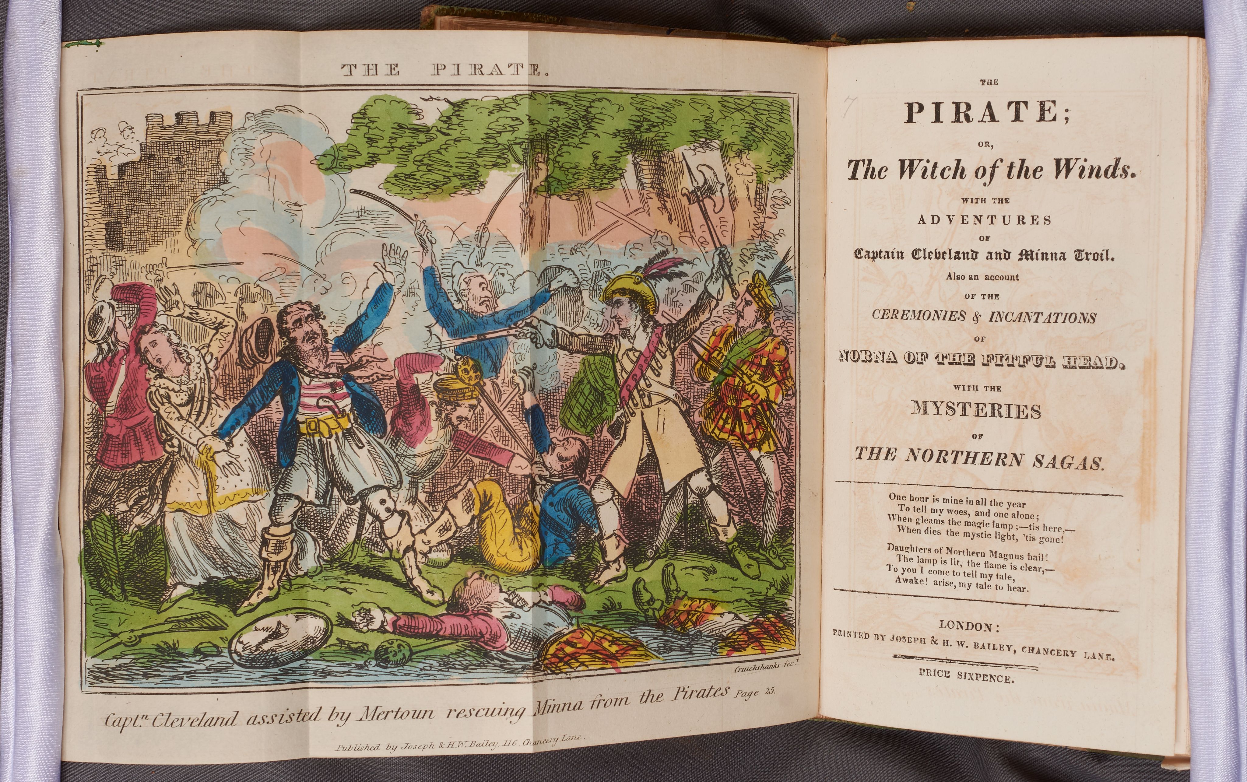 The frontispiece and title page of The Pirate. The frontispiece is a coloured illustration of men fighting.
