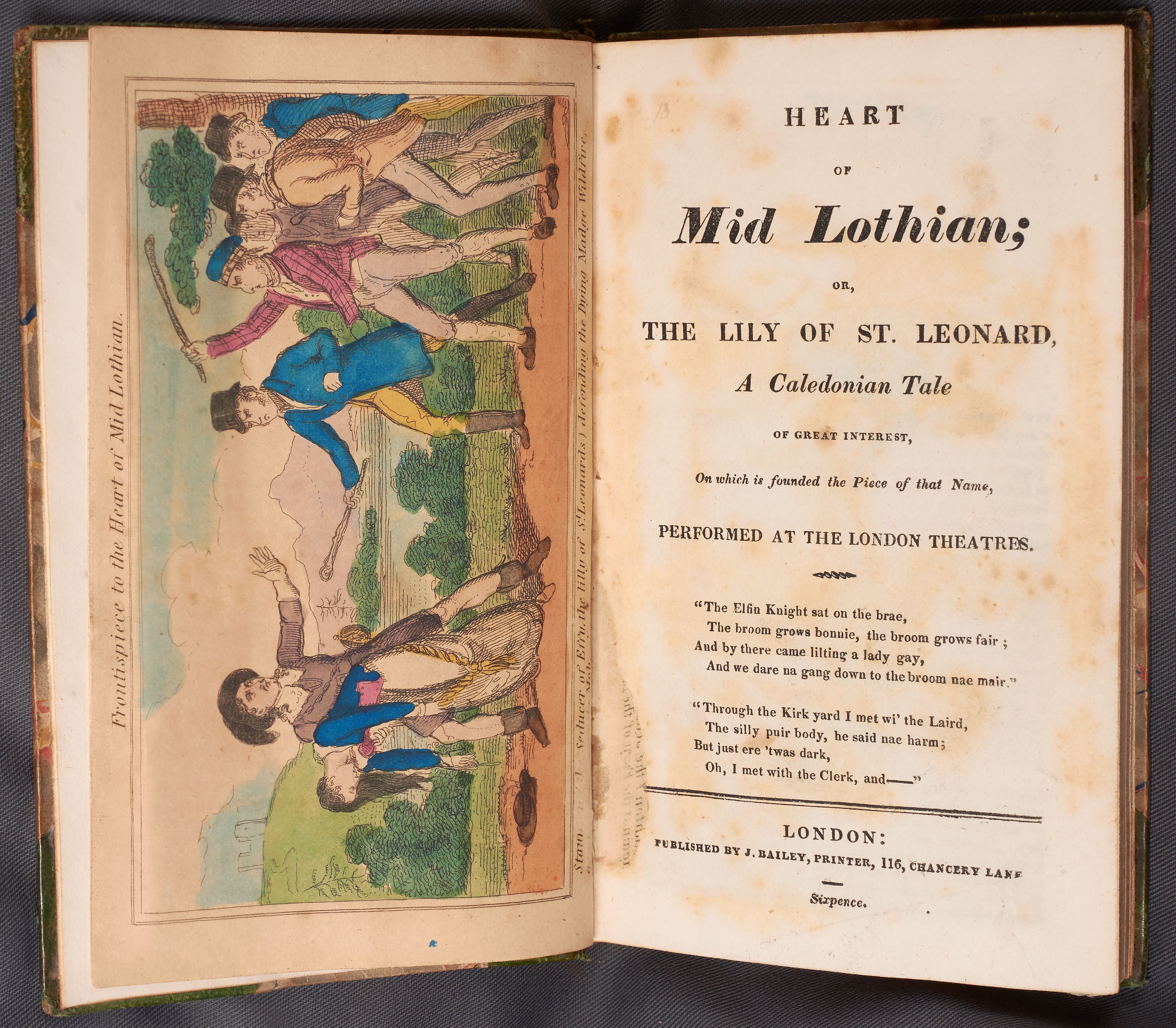 The title page and picture from a chapbook version of The Heart of Midlothian. The image shows two men fighting; behind one is a fainting woman (Madge Wildfire), and behind the other is a crowd of men encouraging him.
