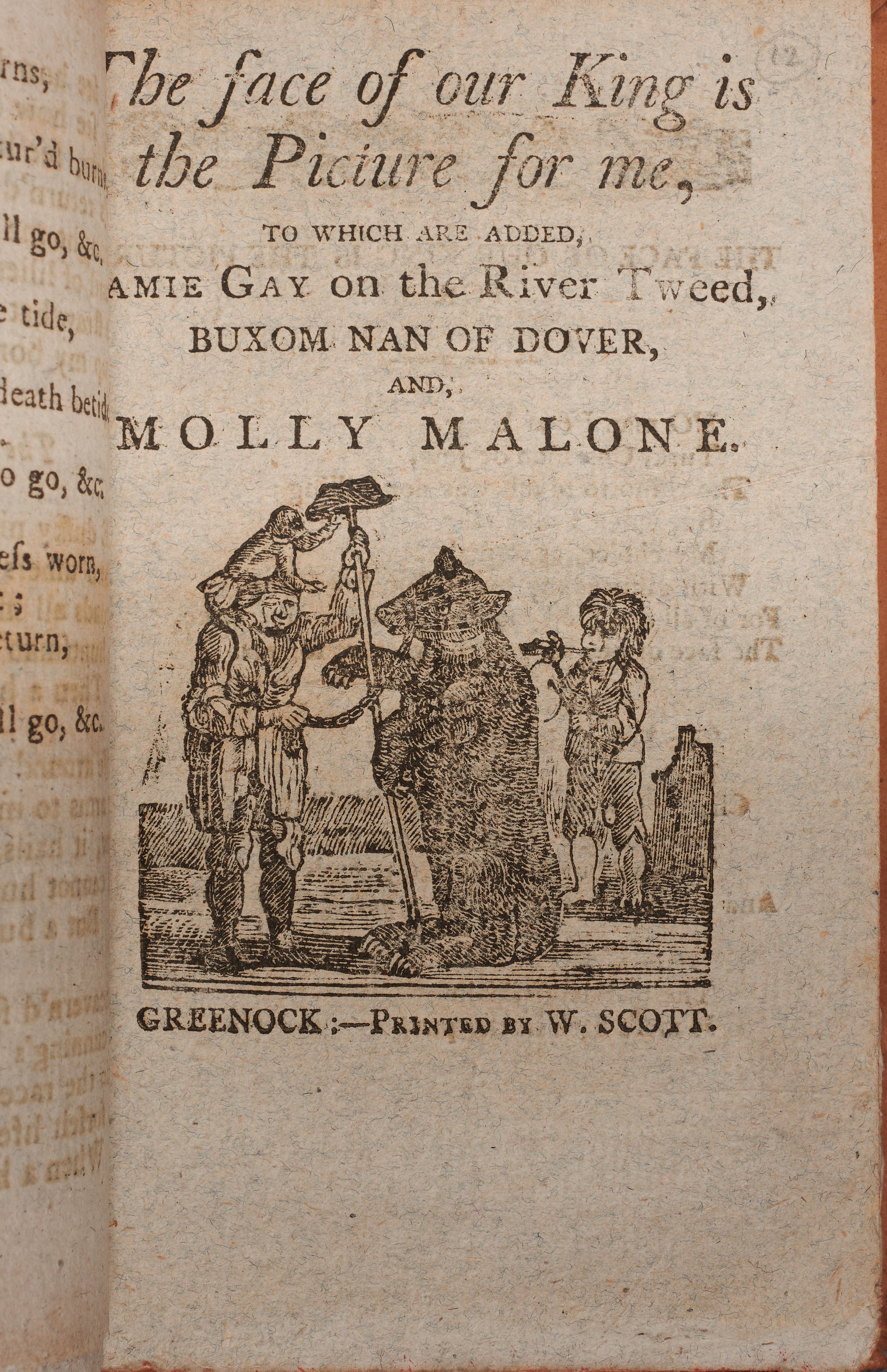 The title page of The Face of our King is the Picture for Me, below which is an image of a monkey on a man’s shoulders, a bear in chains, and a boy playing the pipe.