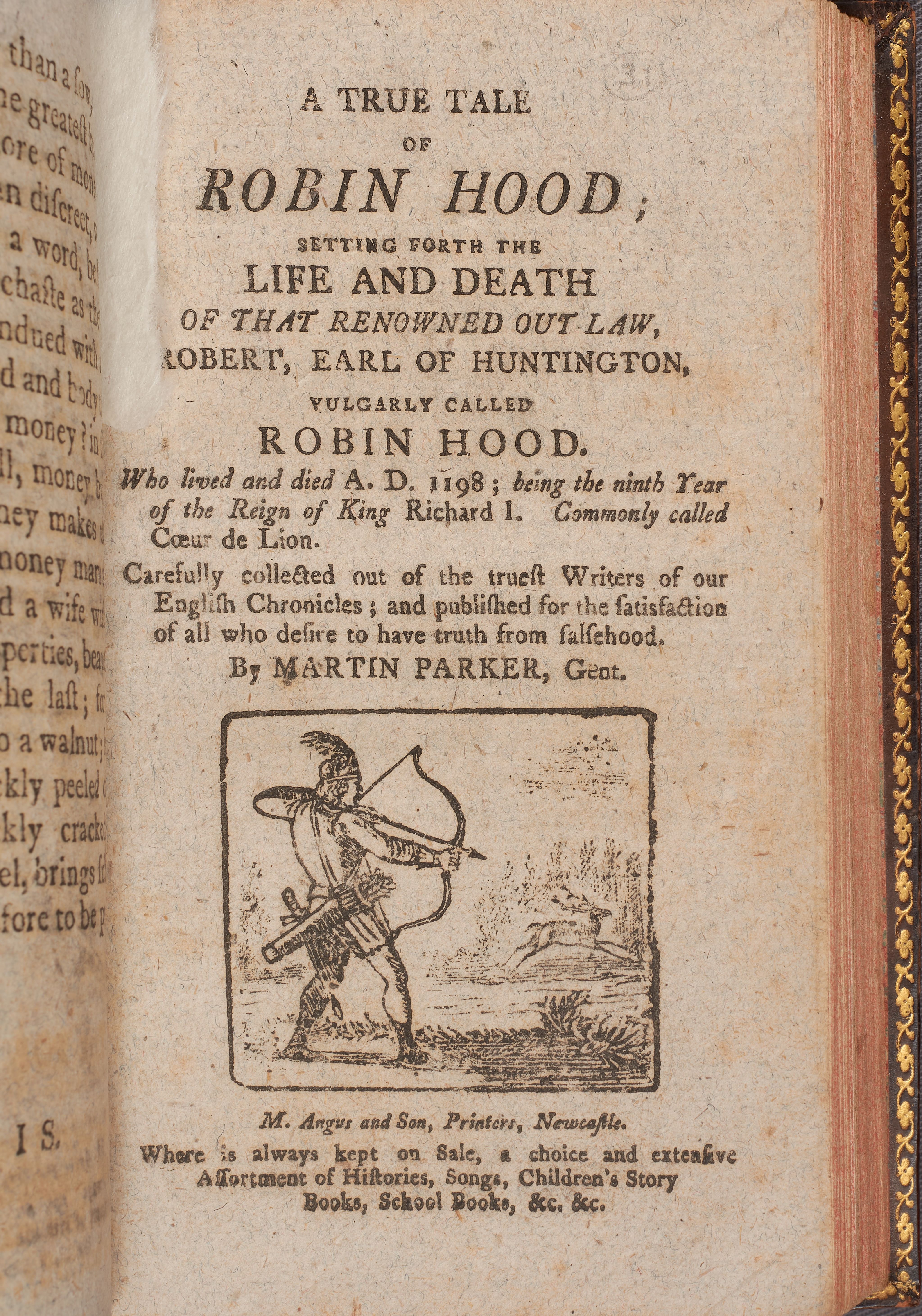 The title page of A True Tale of Robin Hood, with a woodcut of a woodsman with bow and arrow.