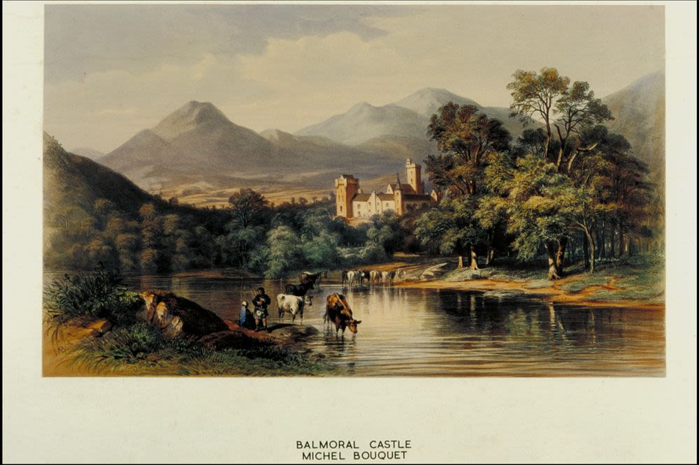 Pencil drawing and watercolour painting landscape, view of Balmoral Castle and the mountains from across the river with people and cows at the river edges, held in the University archives