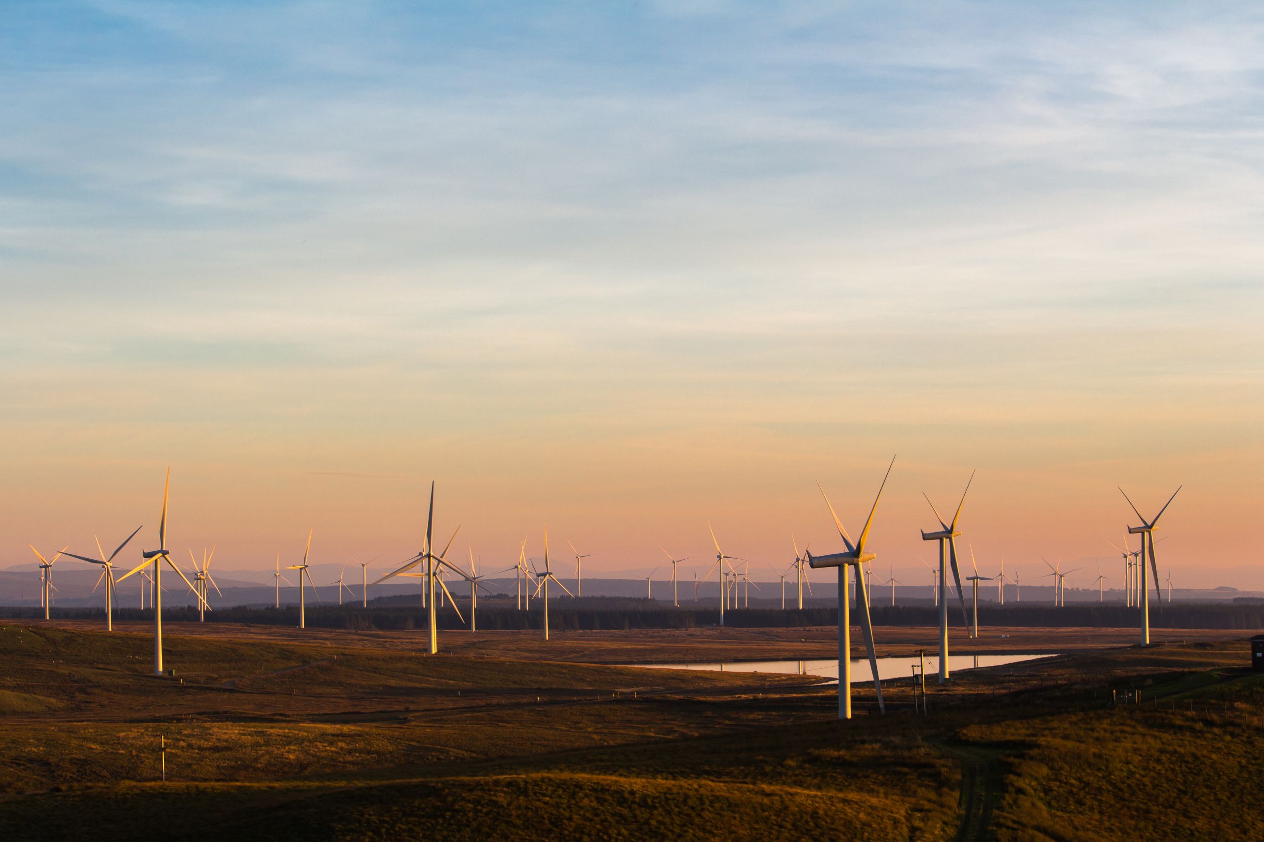 Landscape of a windfarm during a sunset
