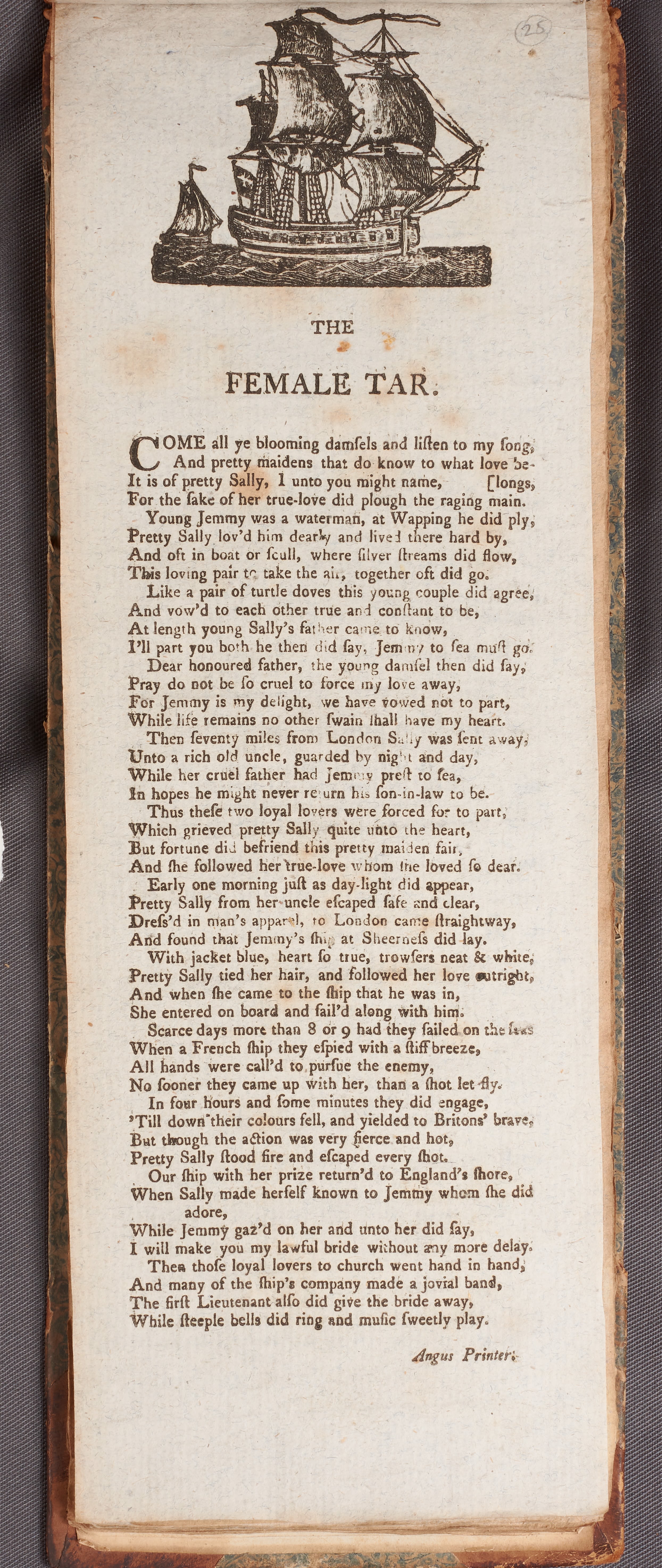 A printed page on which there is a picture of a ship and the ballad ‘The Female Tar.’