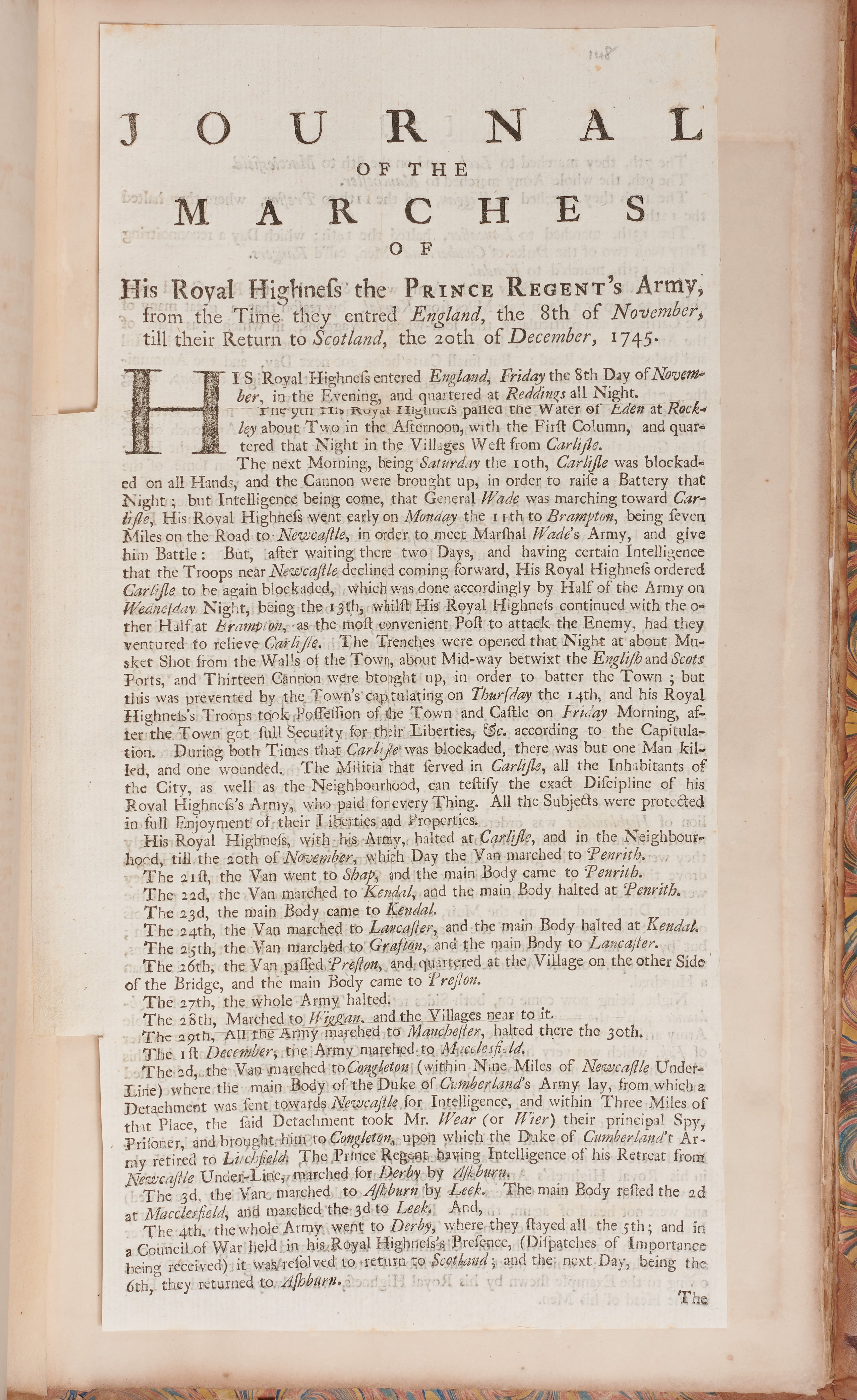 A printed page detailing the marches of the Prince Regent’s army.