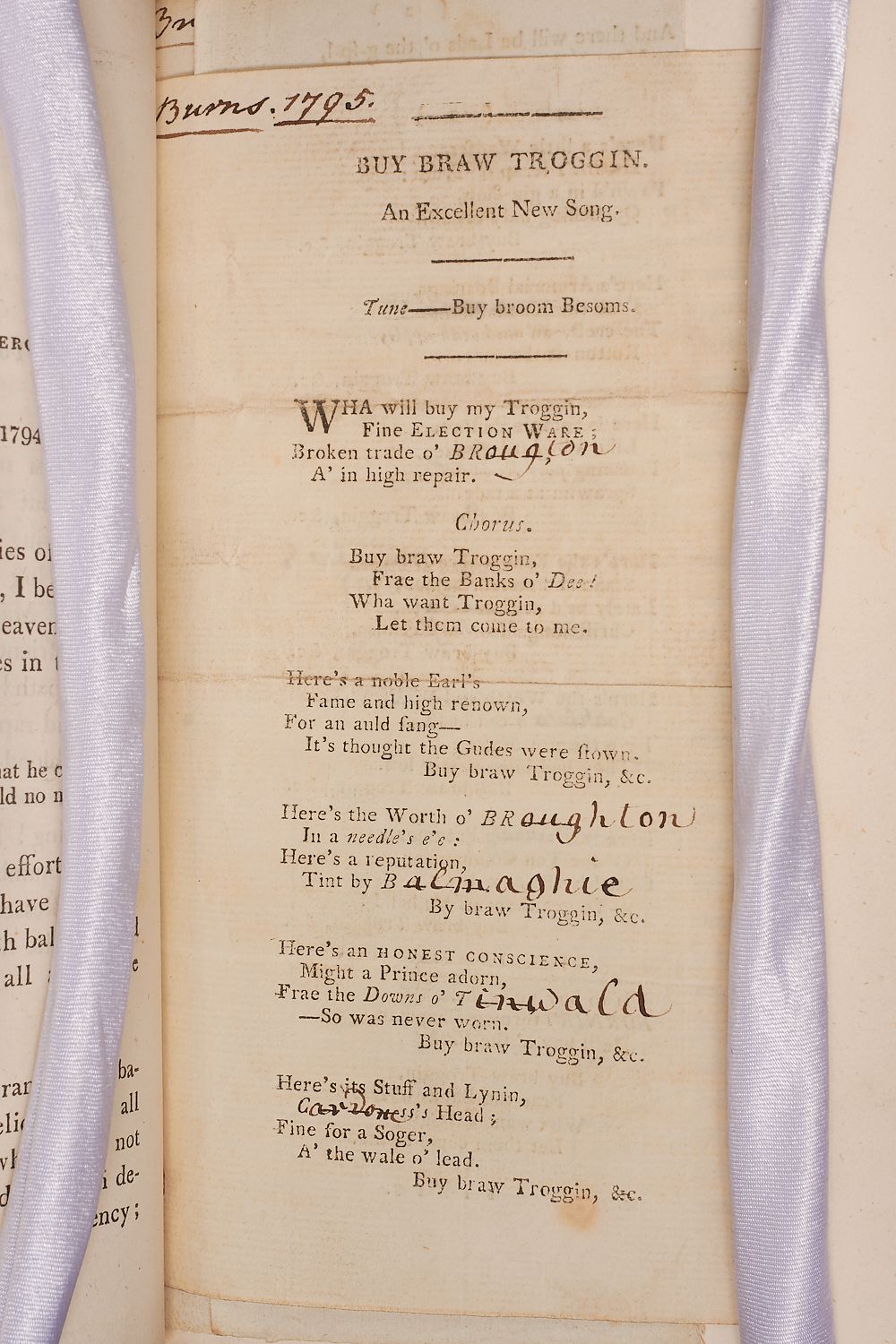 A printed copy of a song, ‘Buy Braw Troggin,’ with added hand-written notes.