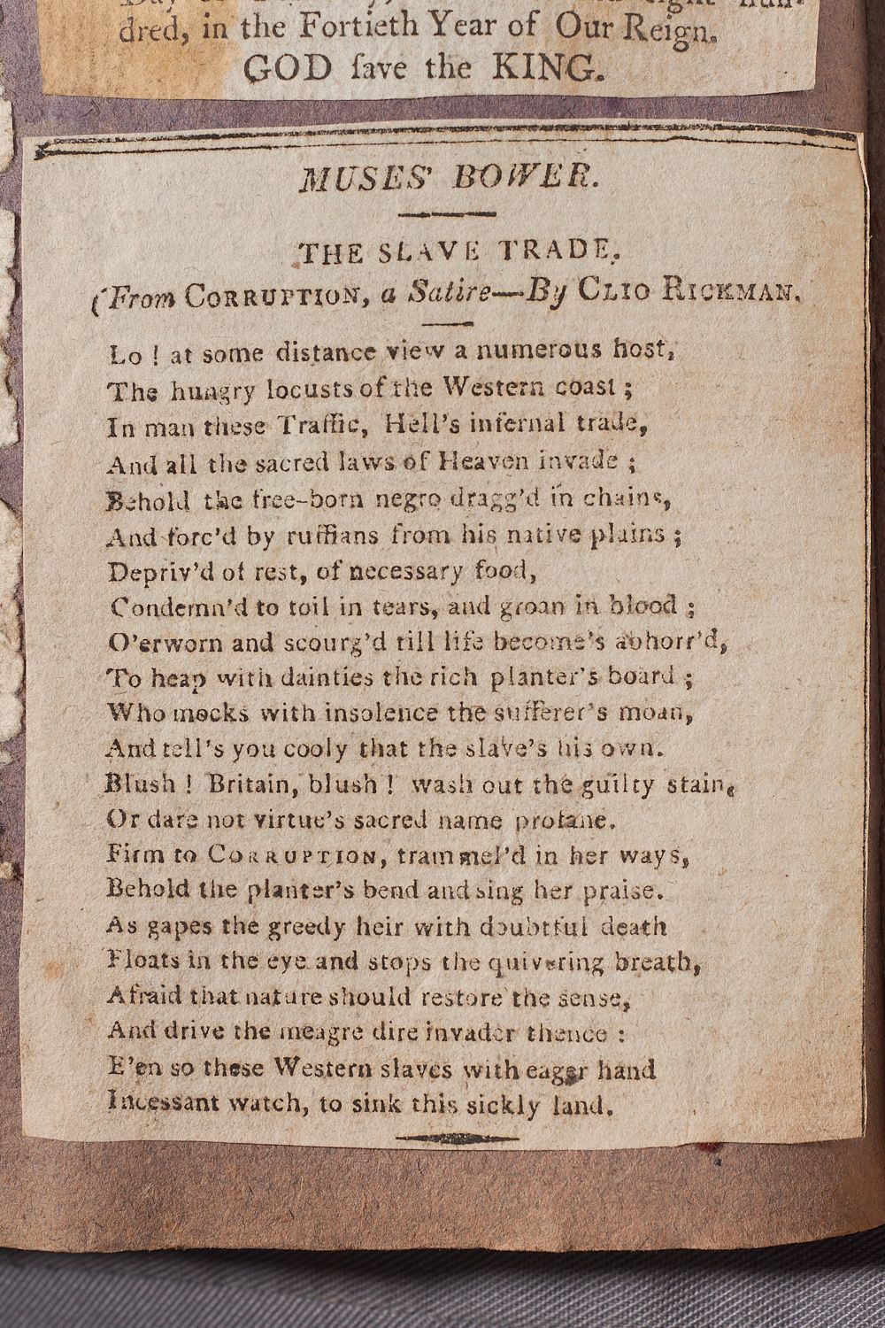 A printed page from Muses’ Bower with a poem about the slave trade.