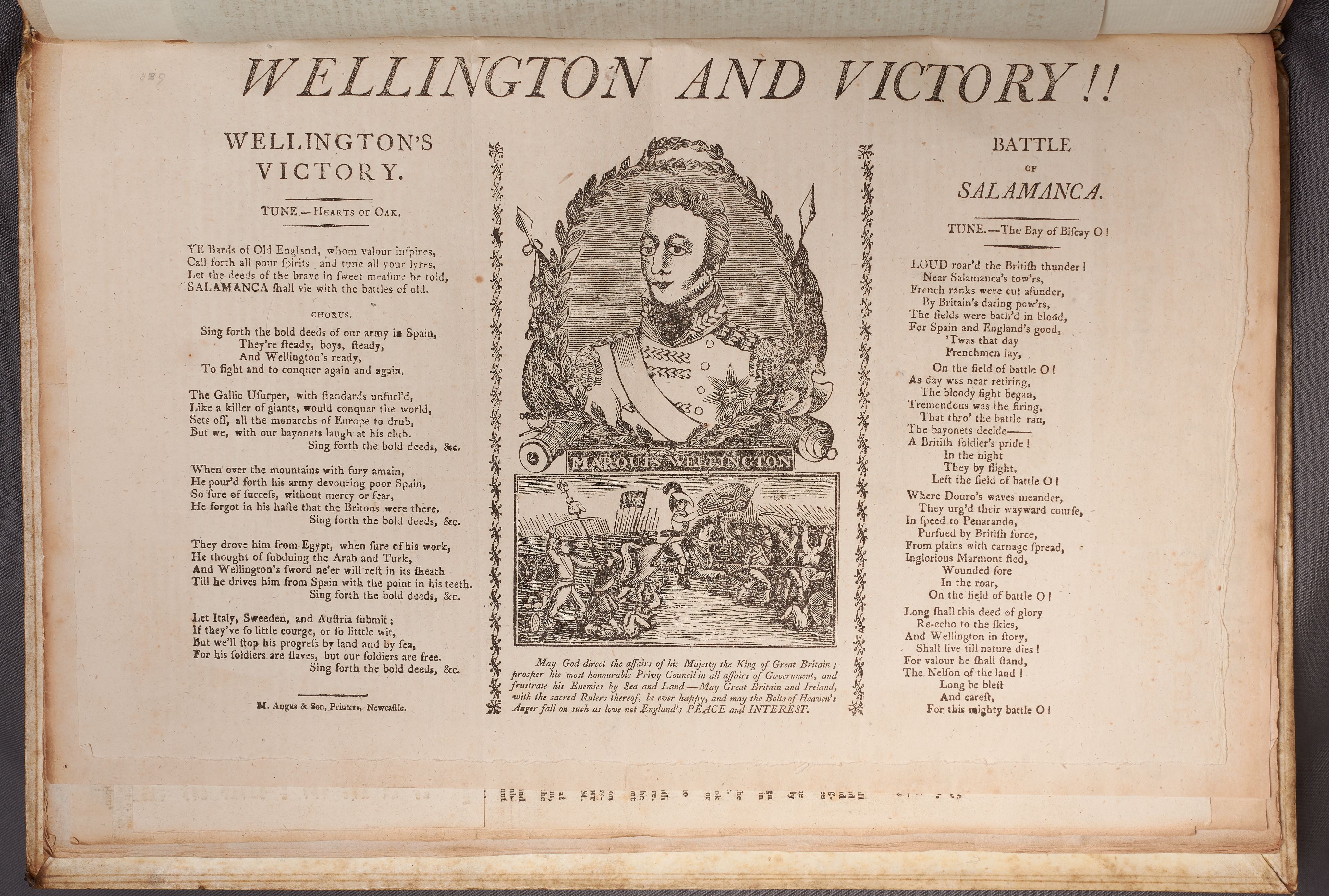 An image of the Marquis Wellington and his army in the centre, flanked by songs about his victories.