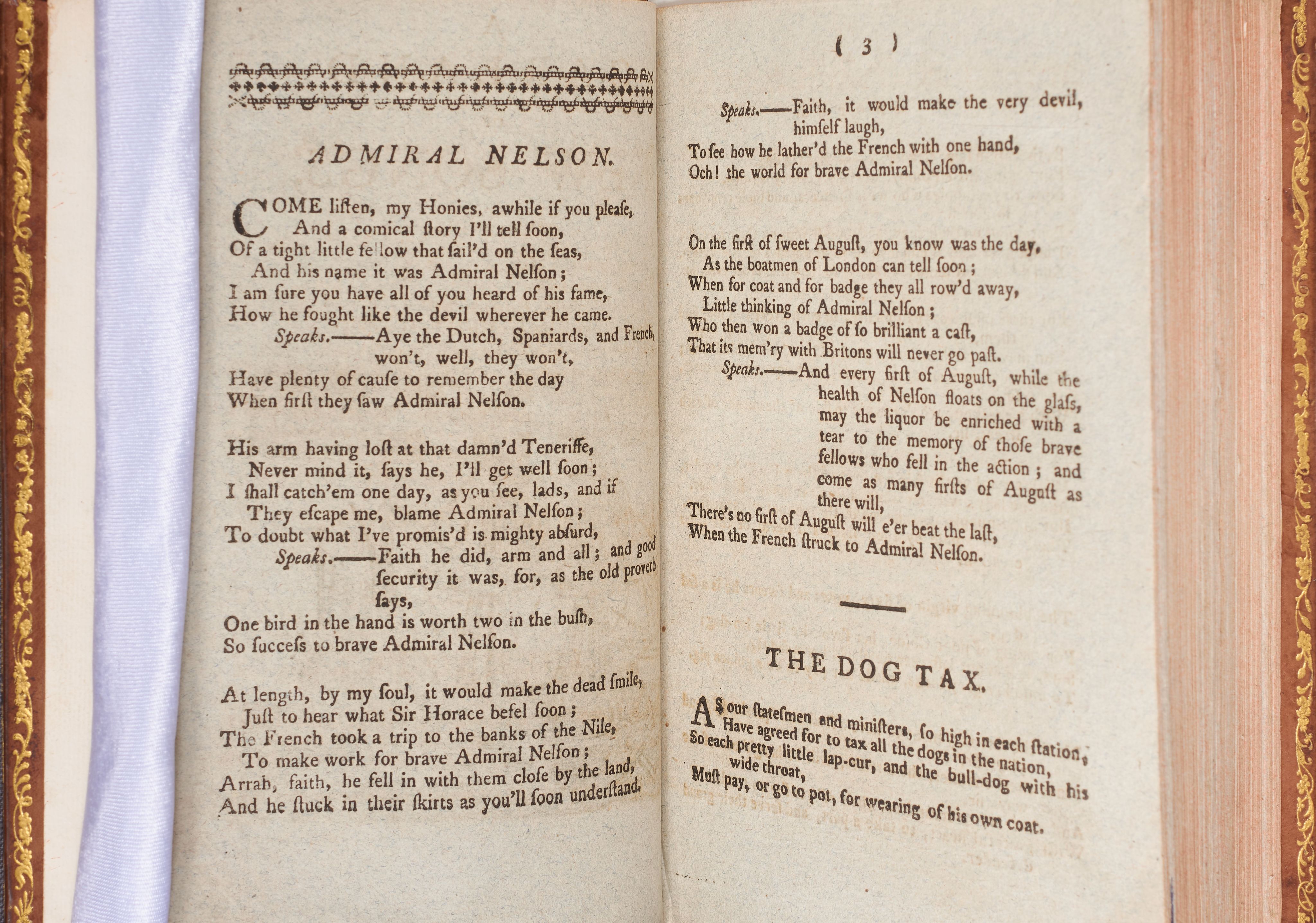 A double page on which there is a printed song about Admiral Nelson.