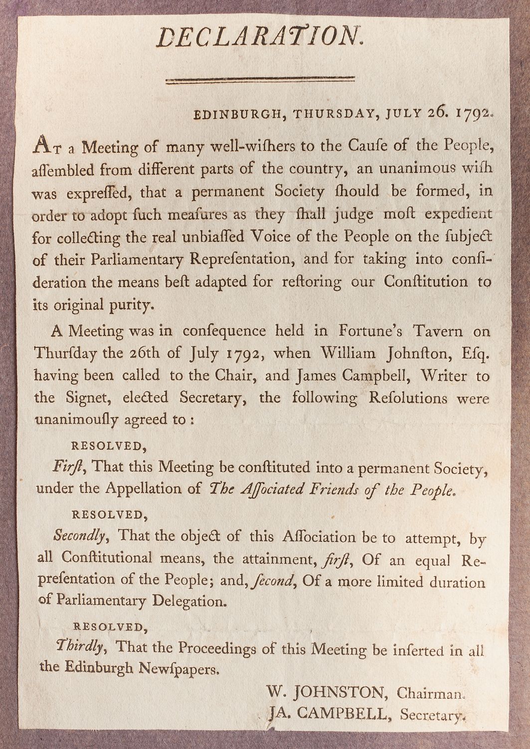 A printed page with the 1792 founding declaration of a society called The Associated Friends of the People.