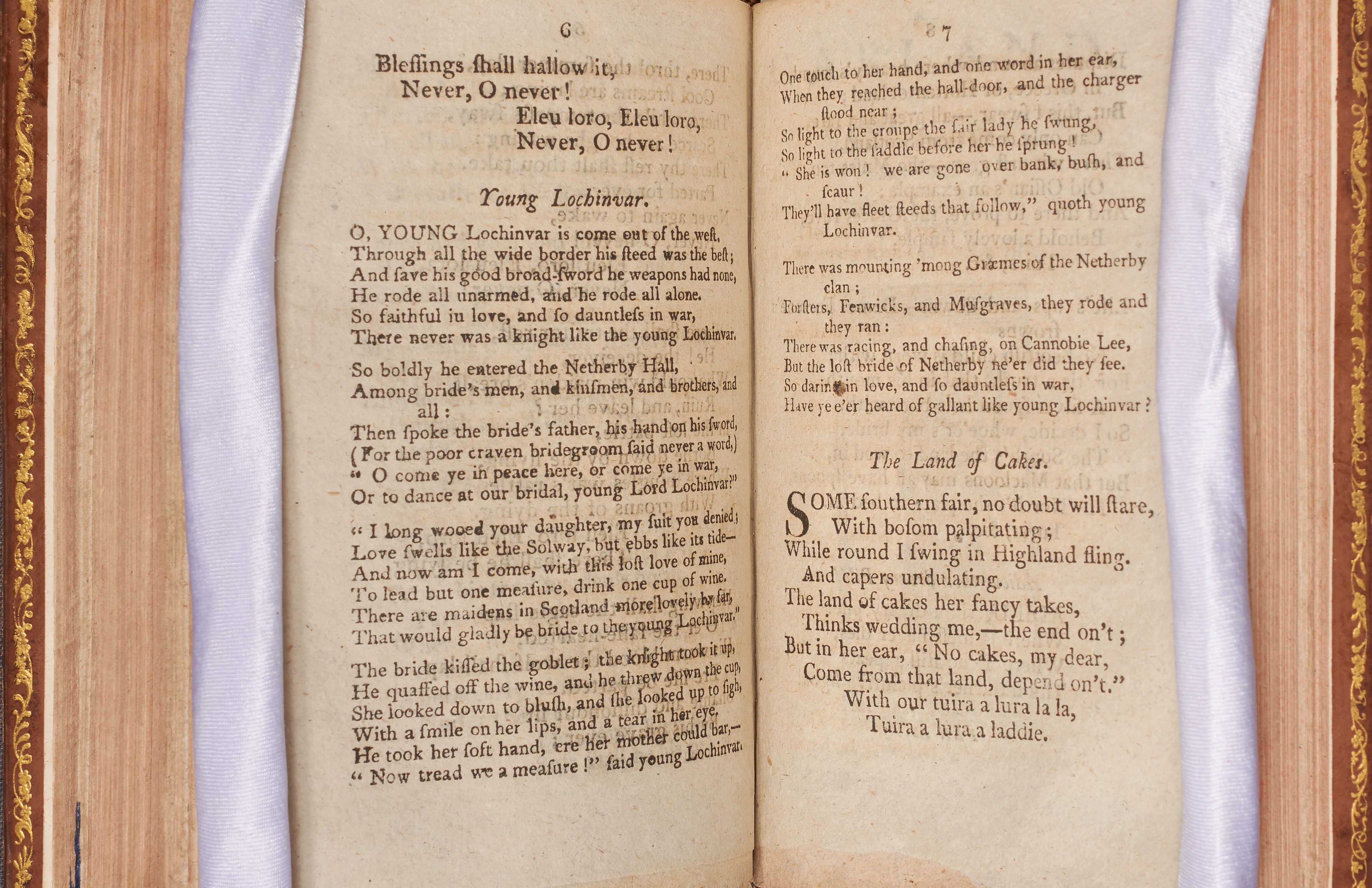 A printed double-page with Scott’s ‘Young Lochinvar’ and ‘The Land of Cakes.’