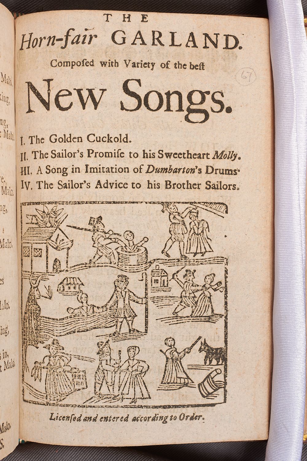 The contents page of ‘The Horn-fair Garland’ with a large illustration of couples in various horn fair poses including fighting.