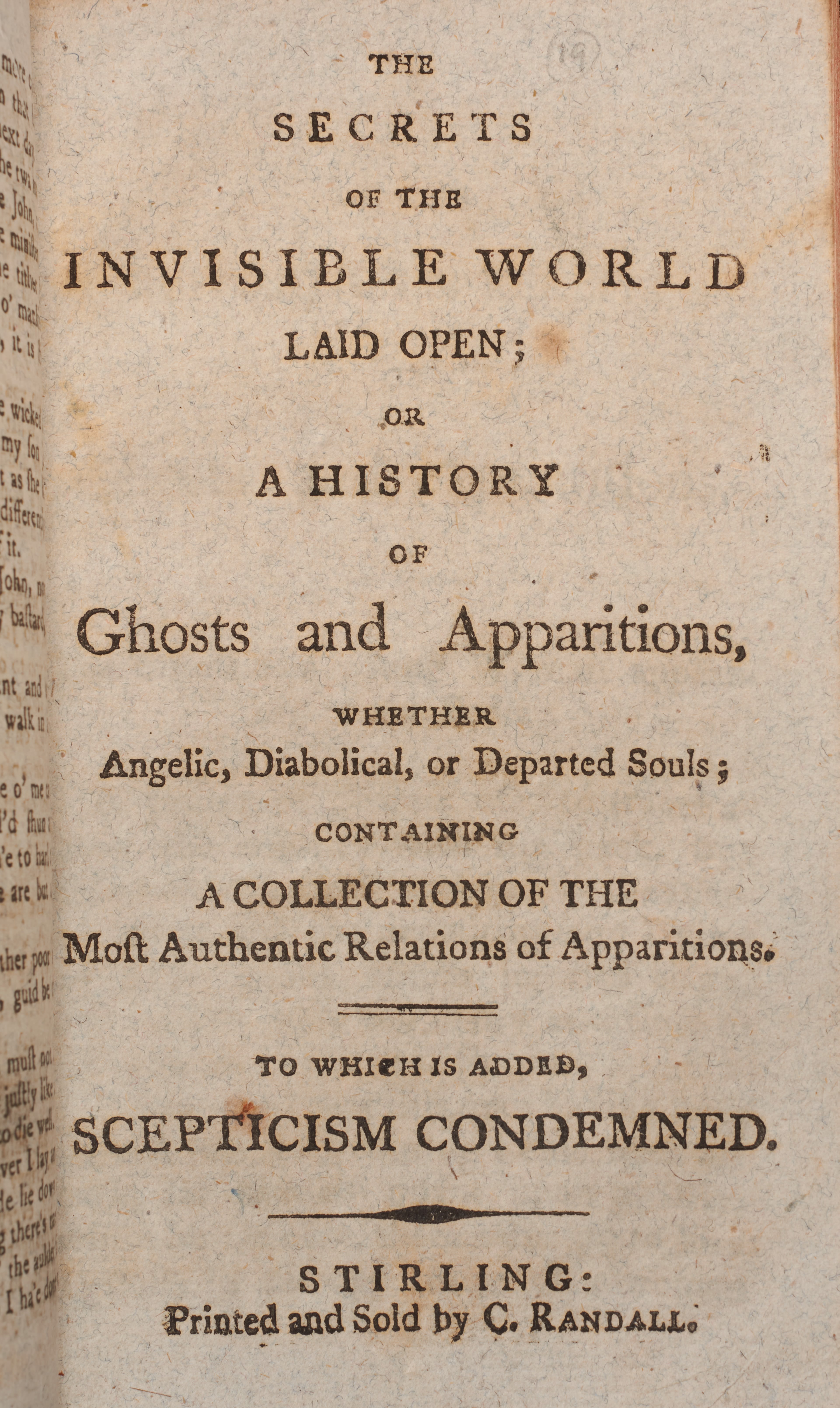 The title page of The Secrets of the Invisible World Laid Open; or a History of Ghosts and Apparitions, printed in Stirling.