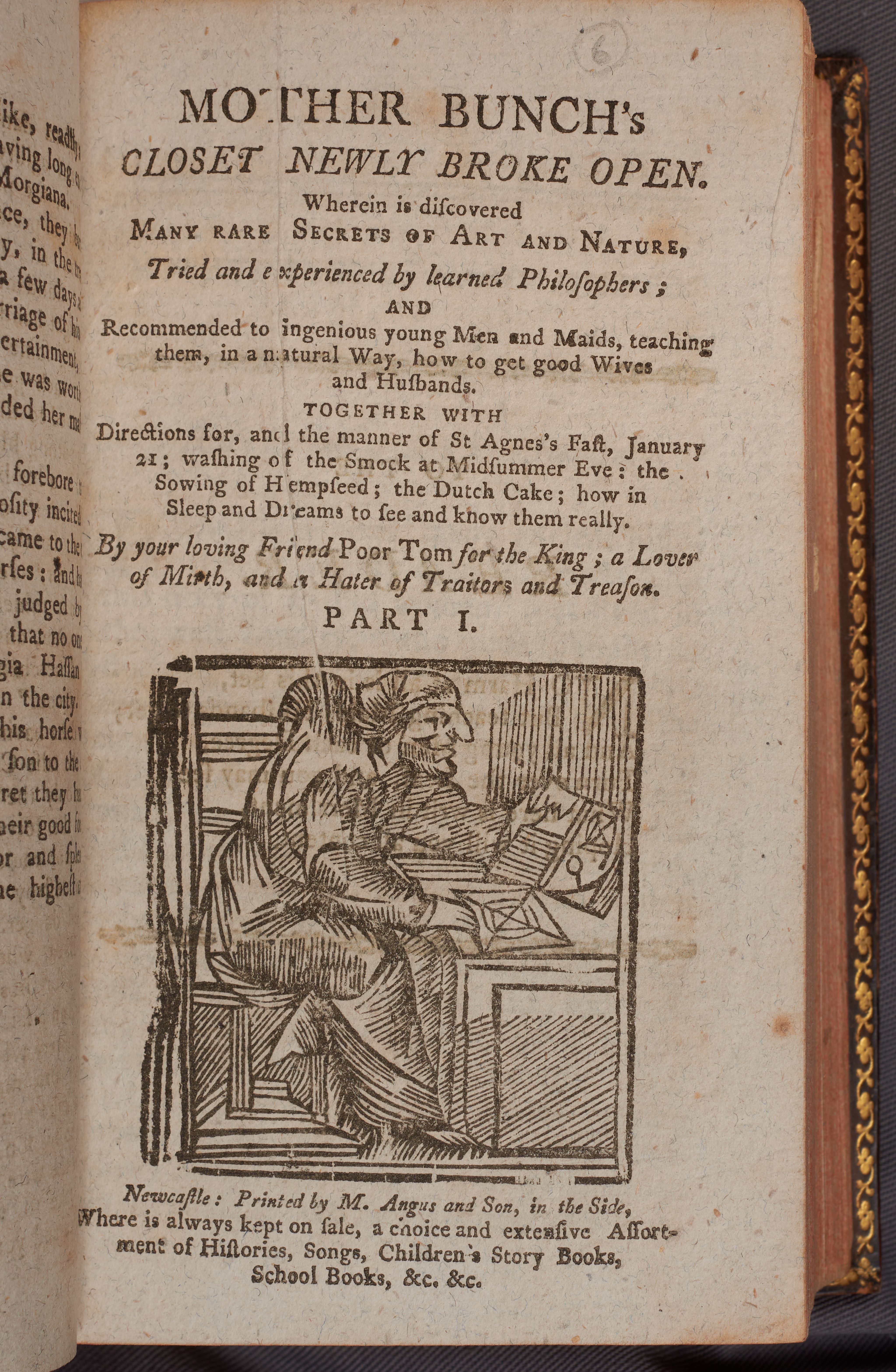 A printed image of Mother Bunch, an old woman with a hooked nose, looking at some papers.