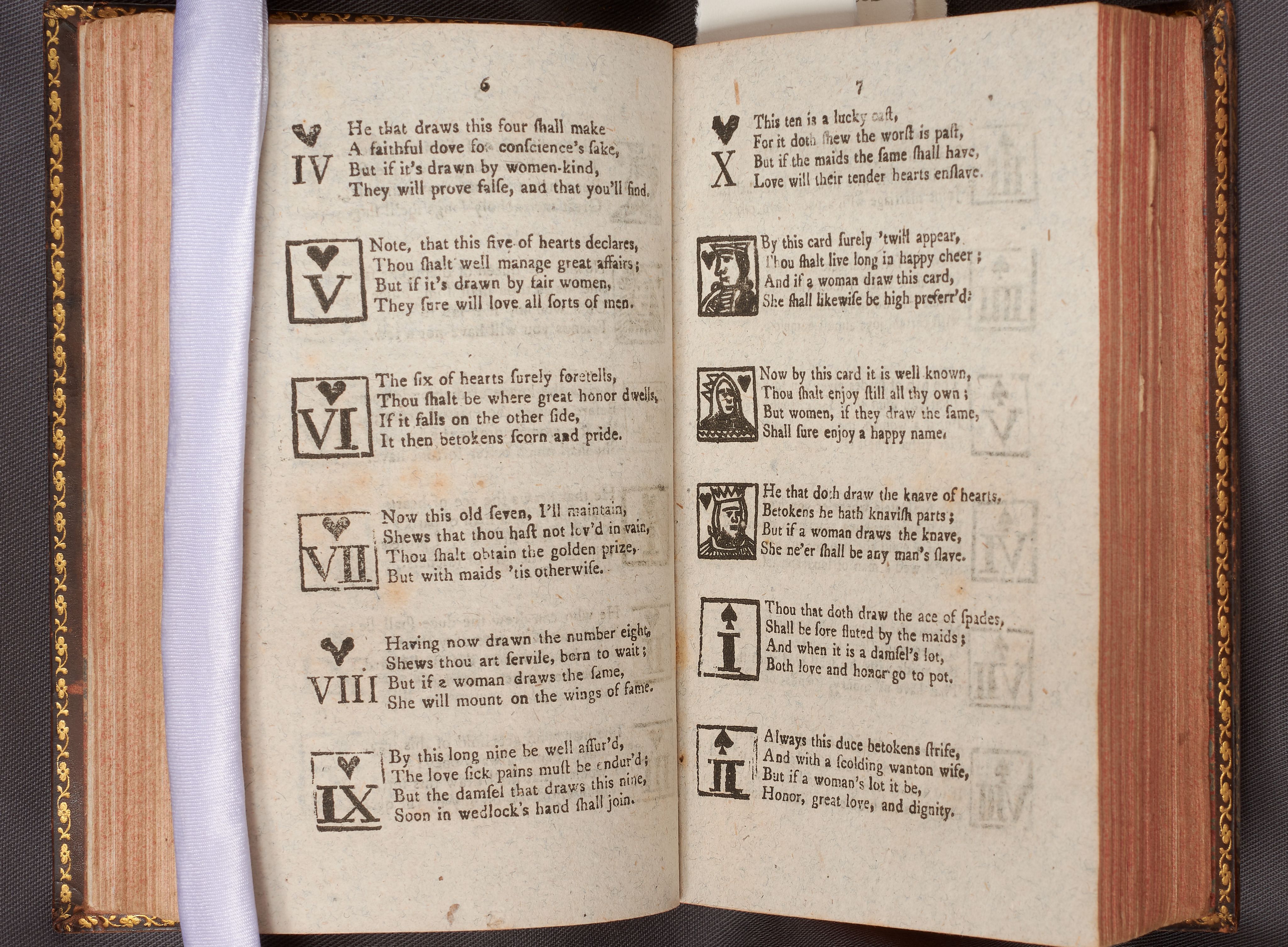 A double page showing images of playing cards and their significance. For example, the five of hearts ‘declares, thou shalt well manage great affairs; but if it’s drawn by fair women, they sure will love all sorts of men.’