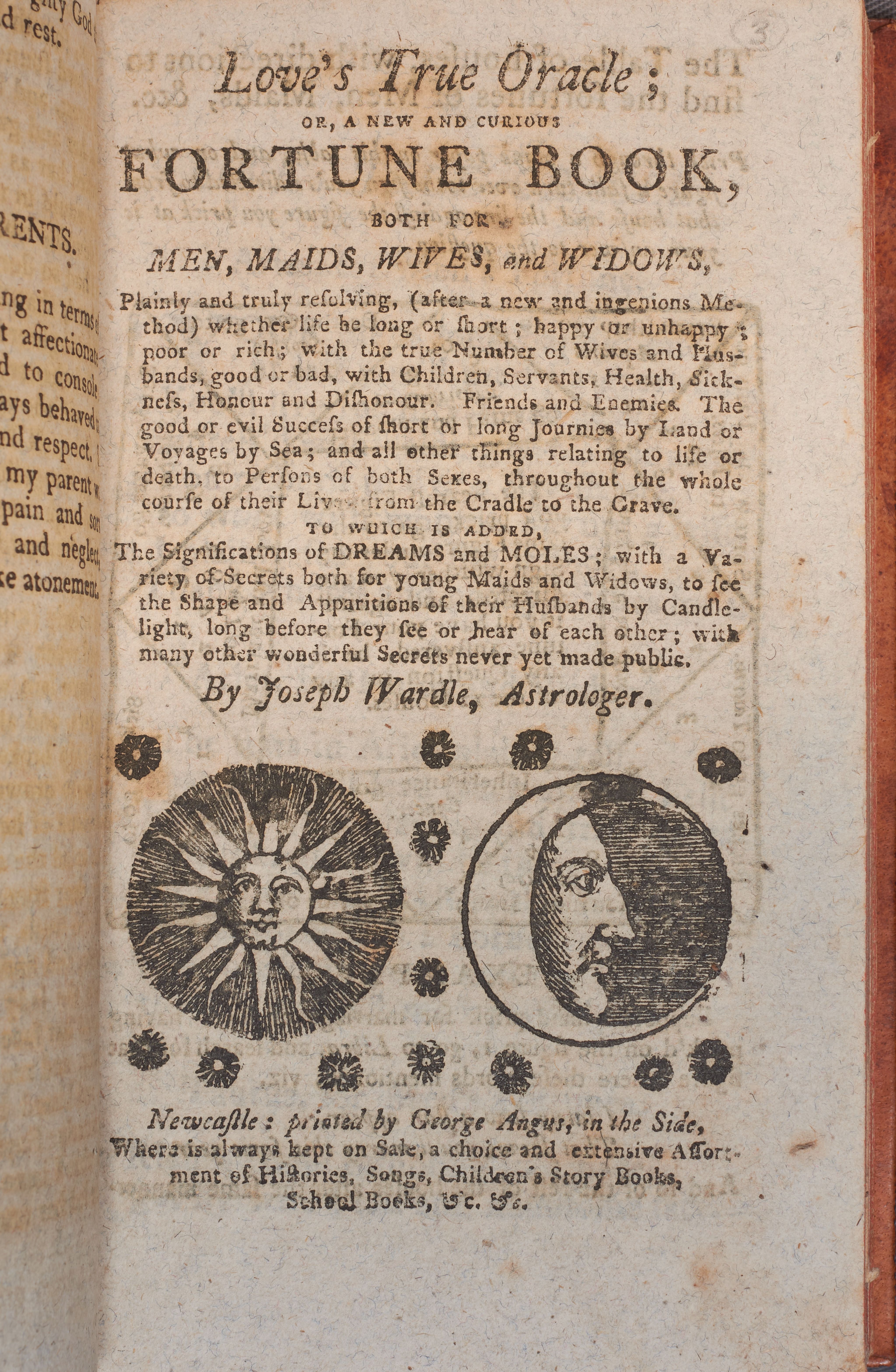 A page from Love’s True Oracle; or a New and Curious Fortune Book, complete with two astrological images.